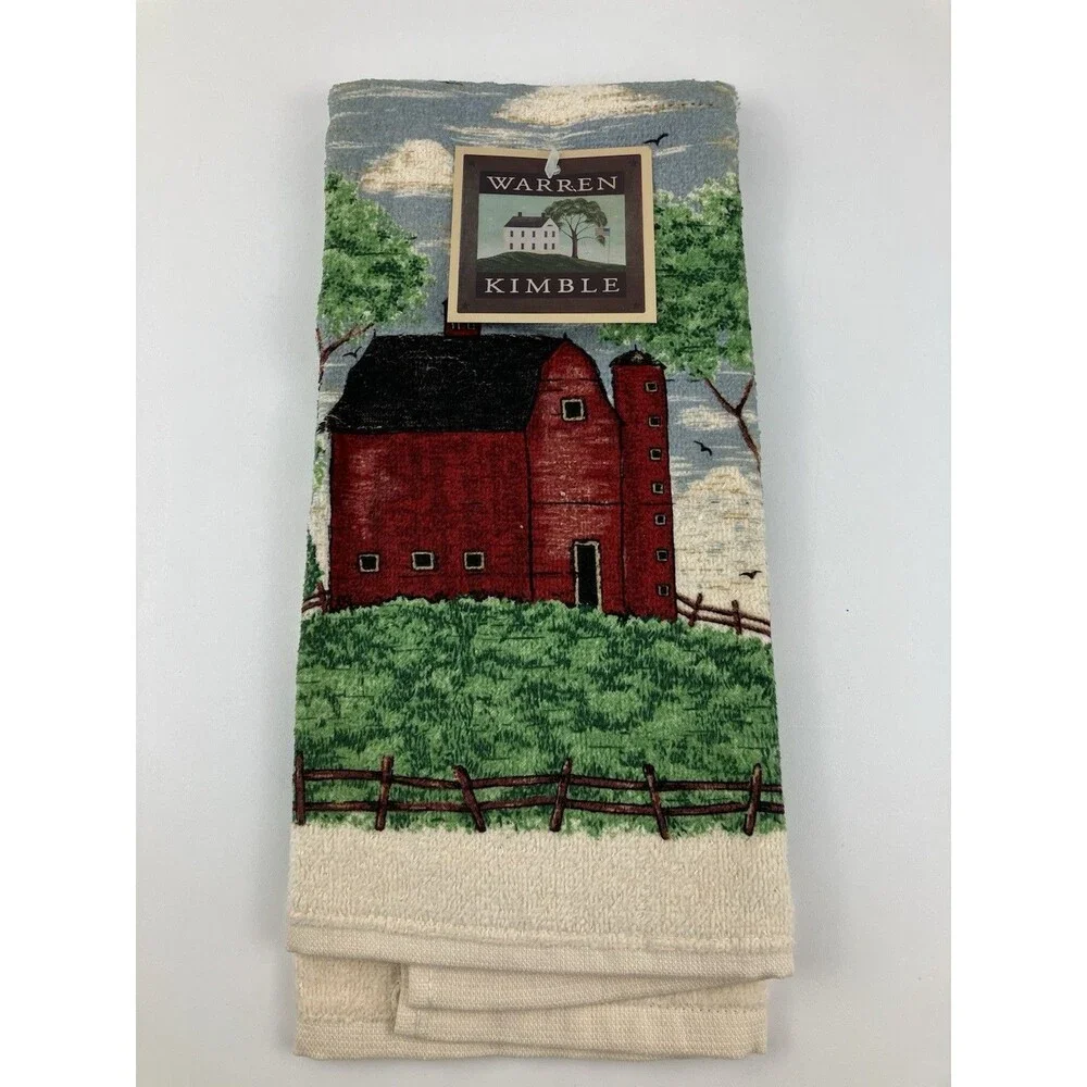 Warren Kimble Red Barn Tapestry Kitchen Set | Farmhouse Design Apron Towel VTG